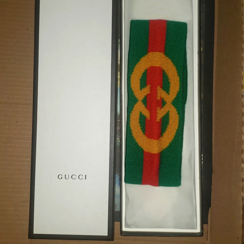 Gucci Green Red Web Knit Headband with Yellow Logo